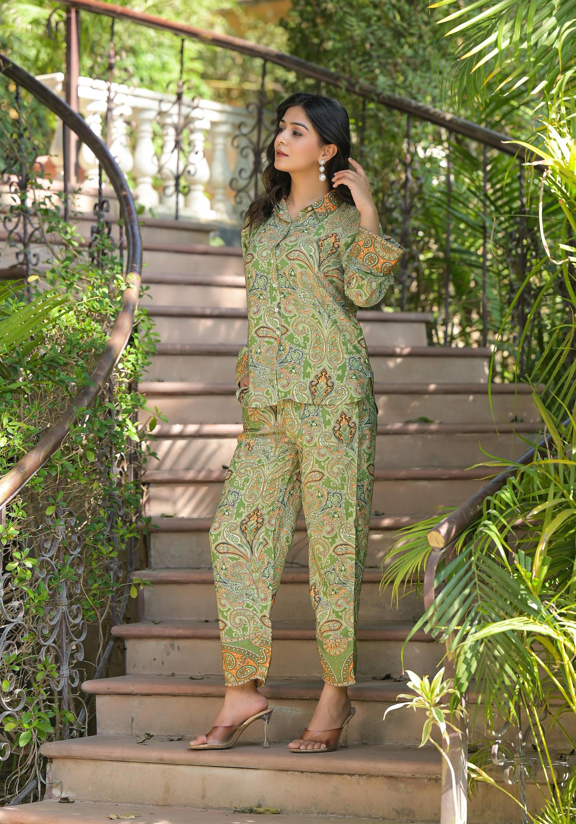 Juniper Green Floral Printed Kasturi Top & Palazzo With Buttons - Distacart