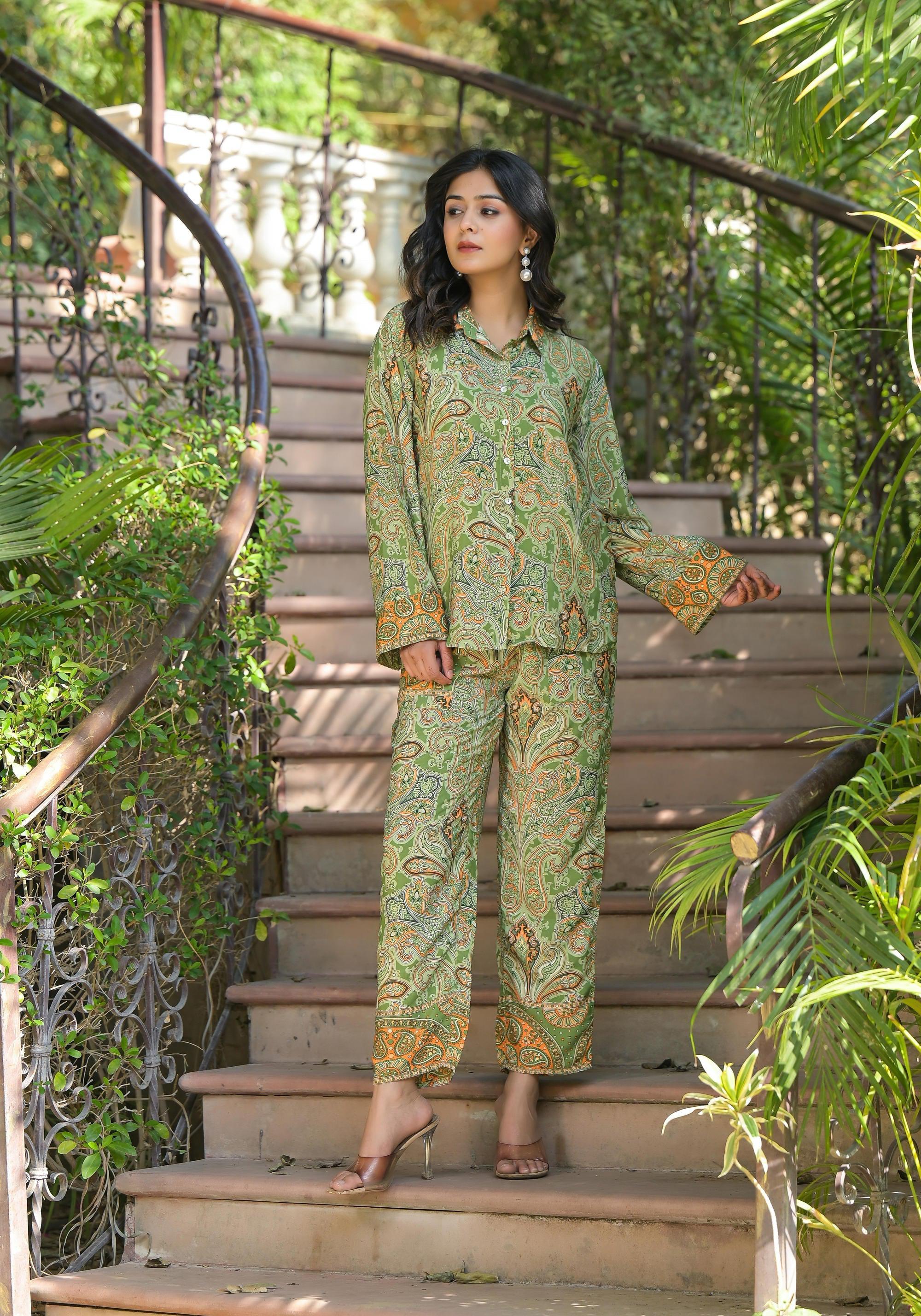 Juniper Green Floral Printed Kasturi Top & Palazzo With Buttons - Distacart