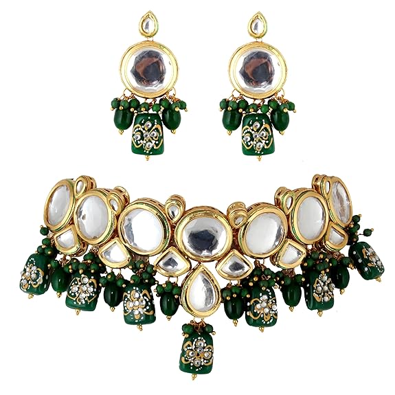 Tehzeeb Creations Back Meenakari Gold-Polished Earring Jewellery Set Uncut Kundan Big Faux Kundan Dibbi Kundan Choker Necklace Set