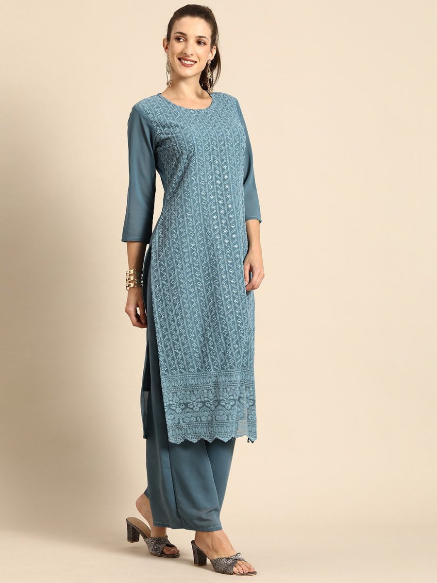 All About You Women Grey Ethnic Motifs Embroidered Regular Chikankari Kurta with Palazzos