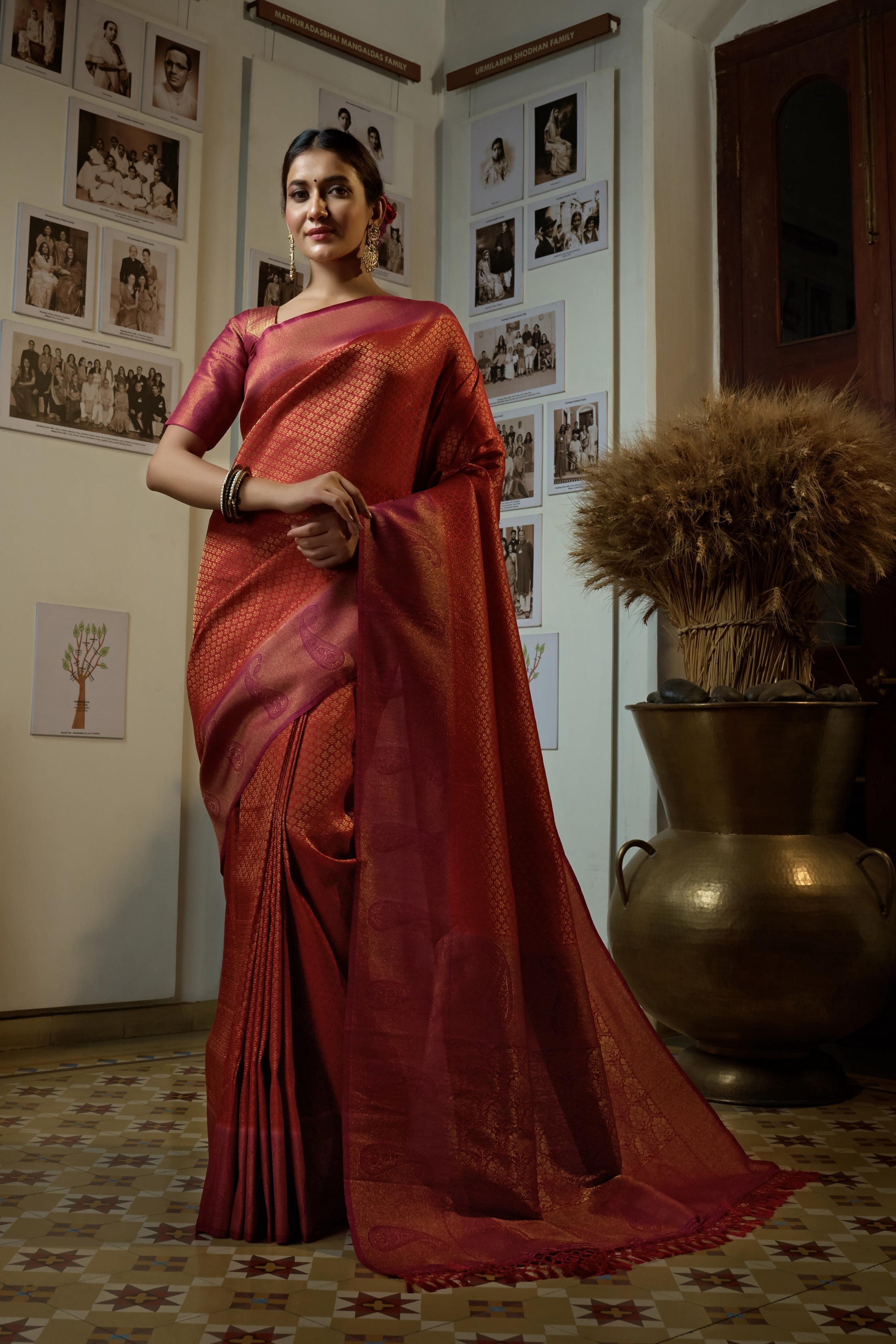 Vardha Burnt Orange Golden Zari Kanjeevaram Silk Saree