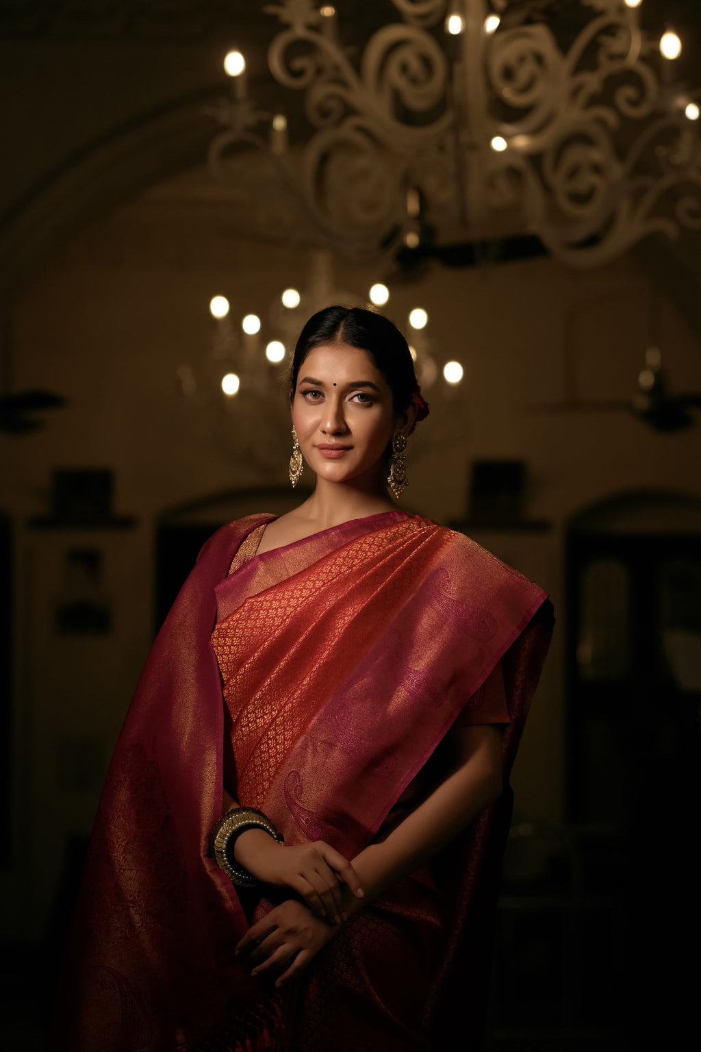 Vardha Burnt Orange Golden Zari Kanjeevaram Silk Saree