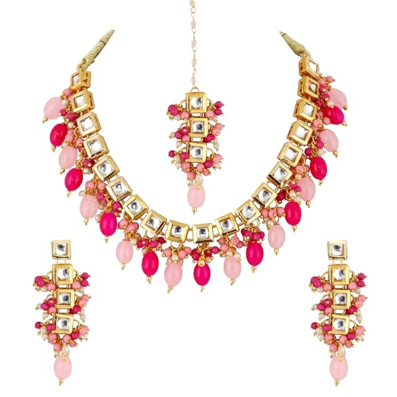 Tehzeeb Creations Back Meenakari Gold-Polished Square Shape Tika Earring Jewellery Set Uncut Kundan Big Faux Kundan Dibbi Kundan Choker Necklace Set