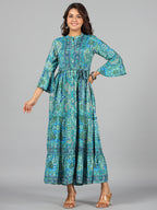 Juniper Women Blue Kasturi Silk Printed Tiered Maxi Dress - Distacart