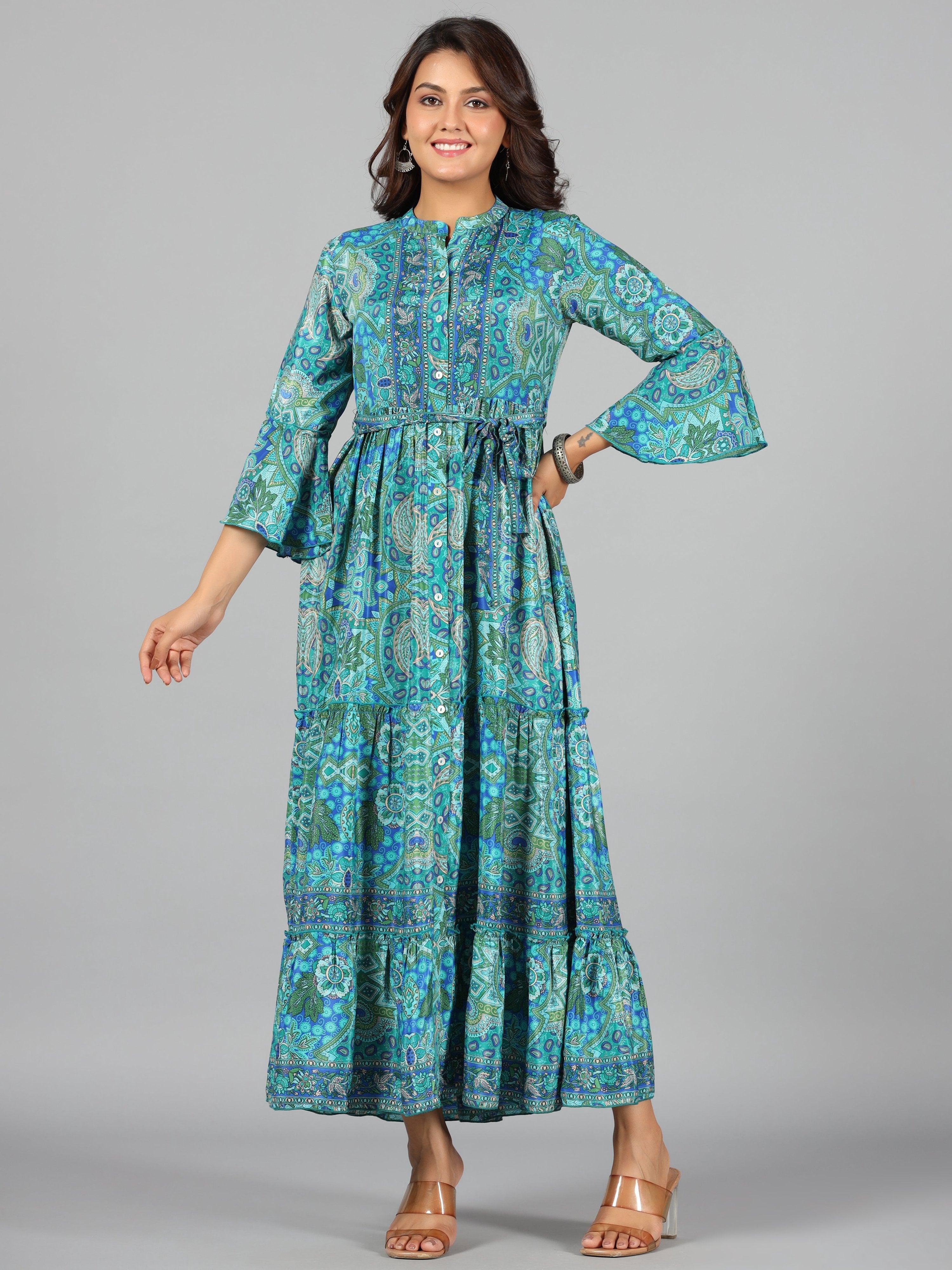Juniper Women Blue Kasturi Silk Printed Tiered Maxi Dress - Distacart