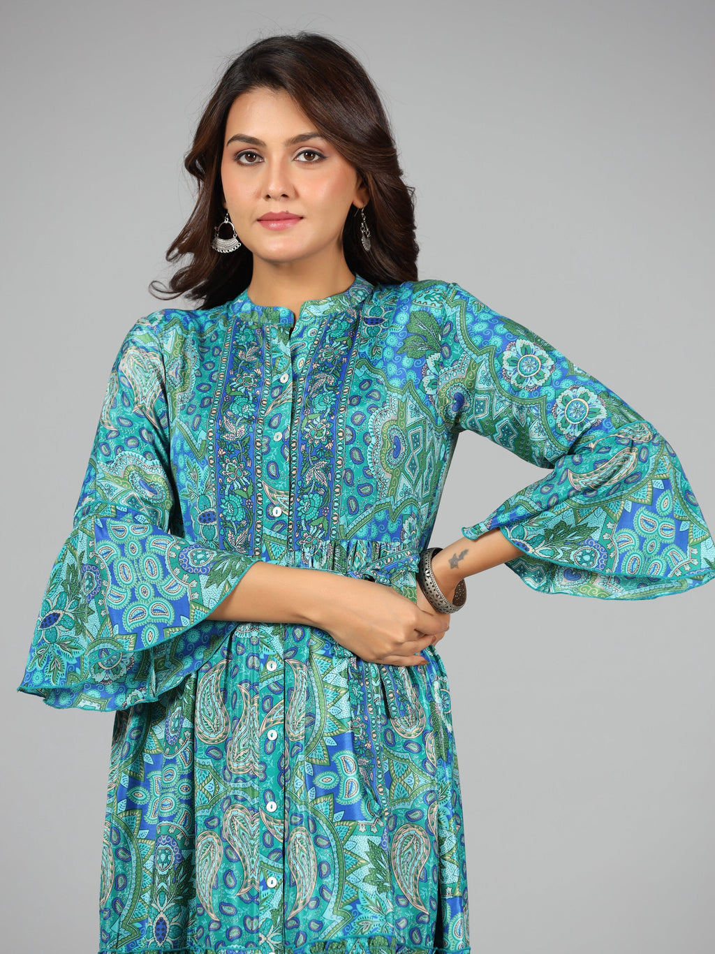 Juniper Women Blue Kasturi Silk Printed Tiered Maxi Dress - Distacart
