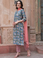 Sangria Blue Floral Printed Gotta Patti Pure Cotton Kurta with Trousers & Dupatta