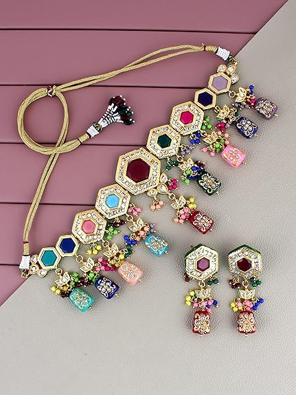 Tehzeeb Creations Back Meenakari Gold-Polished MultiColor Tika Earring Jewellery Set Uncut Kundan Choker Necklace Set
