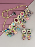 Tehzeeb Creations Back Meenakari Gold-Polished MultiColor Tika Earring Jewellery Set Uncut Kundan Choker Necklace Set