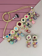 Tehzeeb Creations Back Meenakari Gold-Polished MultiColor Tika Earring Jewellery Set Uncut Kundan Choker Necklace Set