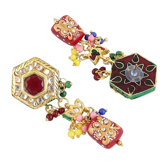 Tehzeeb Creations Back Meenakari Gold-Polished MultiColor Tika Earring Jewellery Set Uncut Kundan Choker Necklace Set