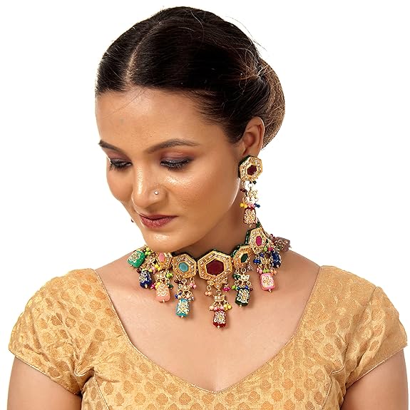 Tehzeeb Creations Back Meenakari Gold-Polished MultiColor Tika Earring Jewellery Set Uncut Kundan Choker Necklace Set