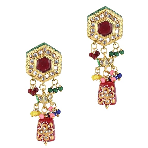 Tehzeeb Creations Back Meenakari Gold-Polished MultiColor Tika Earring Jewellery Set Uncut Kundan Choker Necklace Set