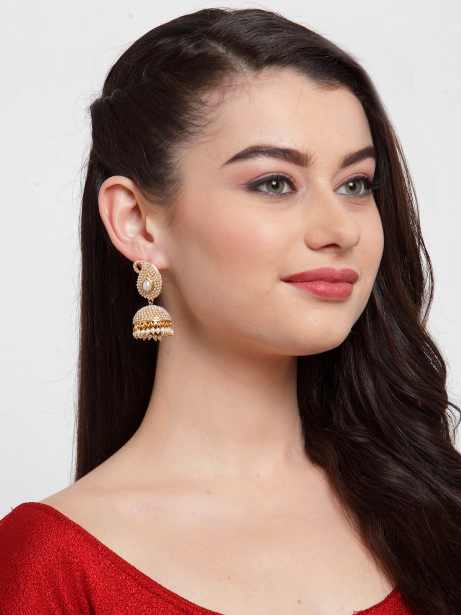 Anikas Creation Off-White & Gold-Polished Contemporary Jhumkas