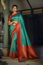 Vardha Beautiful Turquoise Blue Golden Zari Kanjeevaram Silk Saree