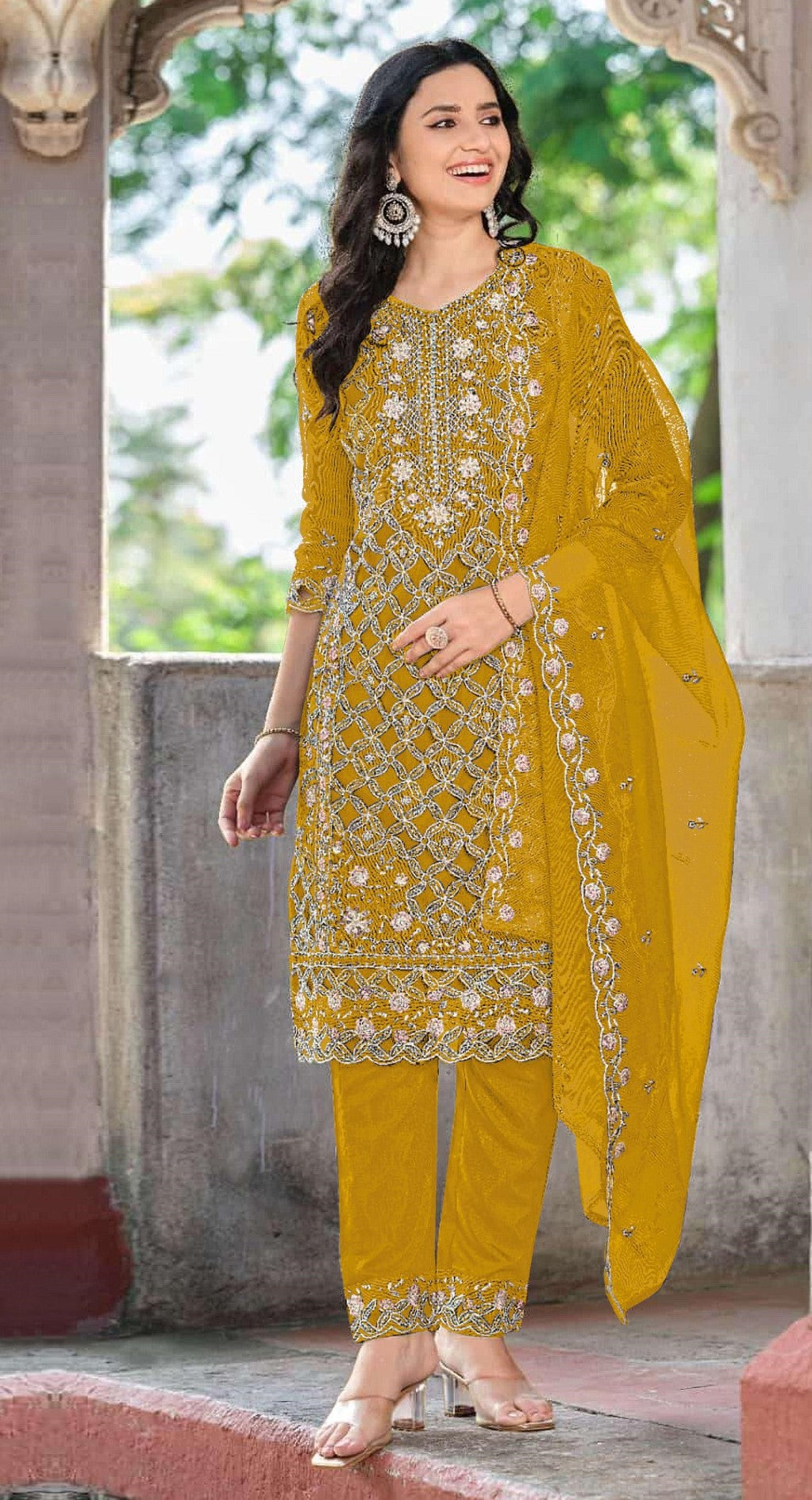 Anaita Yellow Chiffon Suit With Embroidered Sequence Work - Distacart