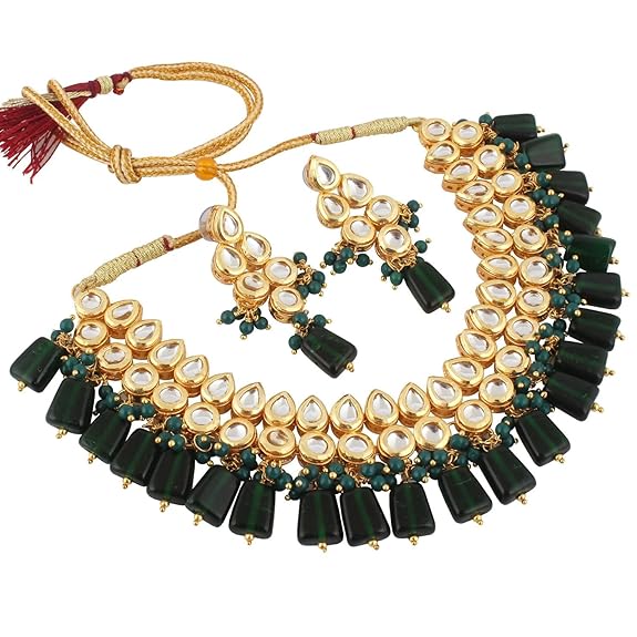 Tehzeeb Creations Back Meenakari Gold-Polished Tika Earring Combo Uncut Big Faux Kundan Choker Necklace set