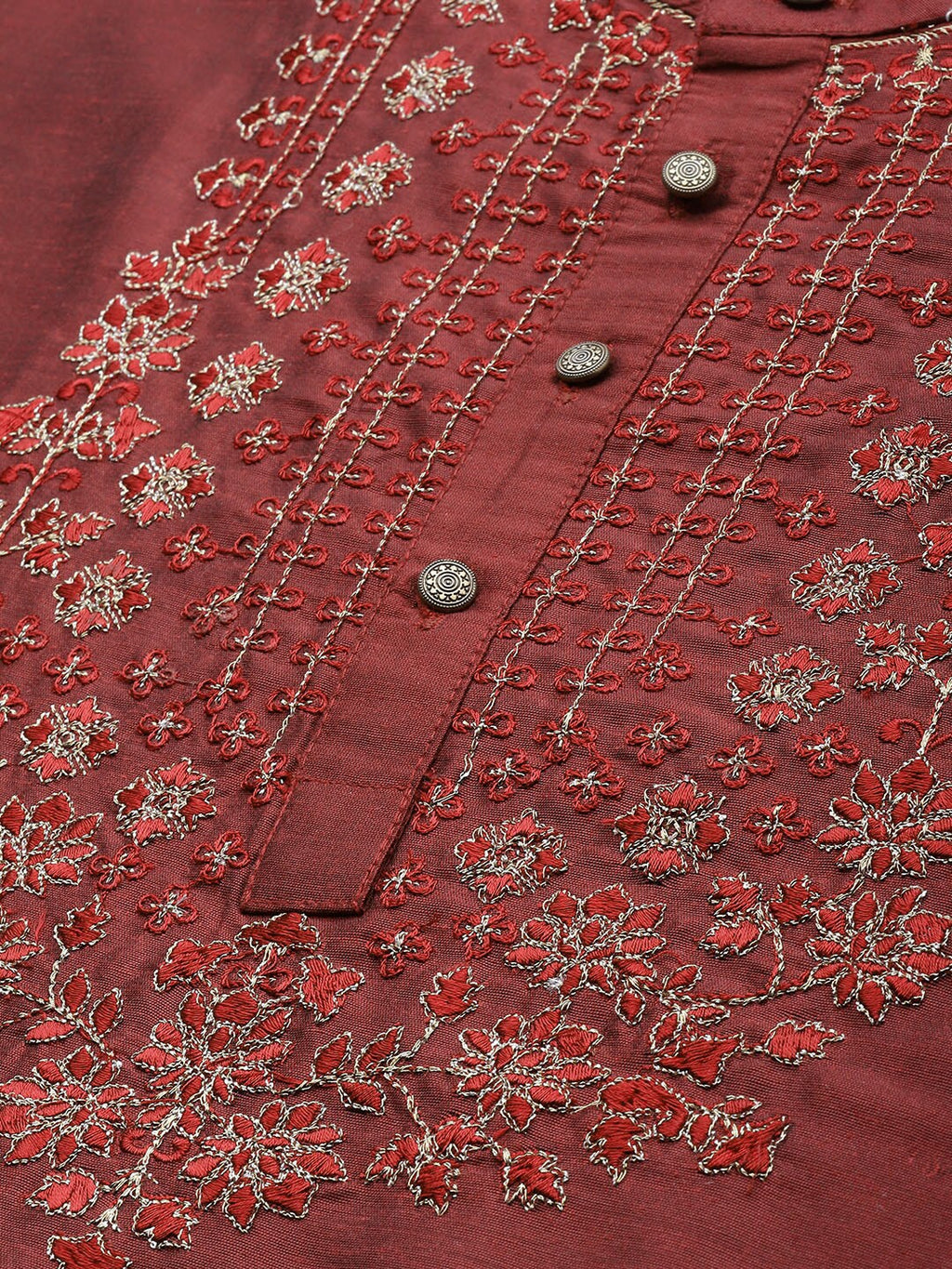 House of Pataudi Men Maroon Floral Yoke Design Jashn Kurta