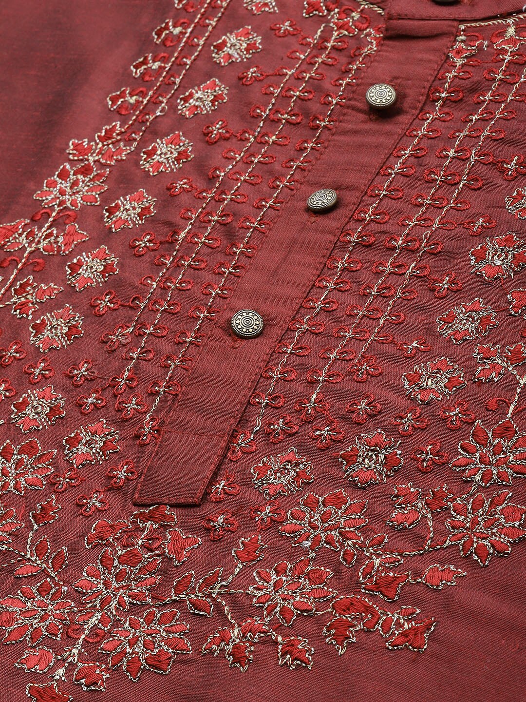 House of Pataudi Men Maroon Floral Yoke Design Jashn Kurta
