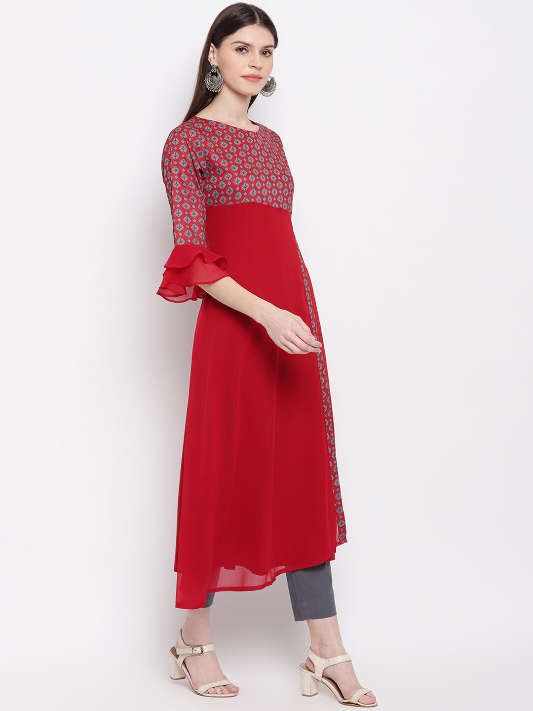 Janasya Maroon & White Yoke Design A-Line Kurta - Distacart