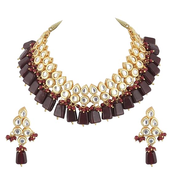 Tehzeeb Creations Back Meenakari Gold-Polished Tika Earring Combo Uncut Big Faux Kundan Choker Necklace set
