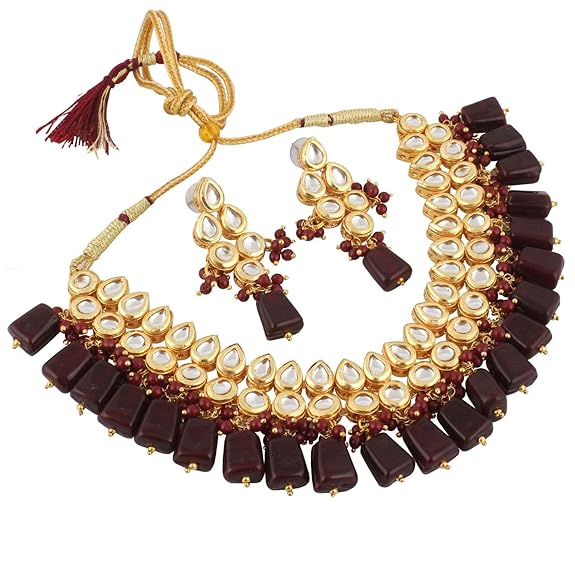 Tehzeeb Creations Back Meenakari Gold-Polished Tika Earring Combo Uncut Big Faux Kundan Choker Necklace set