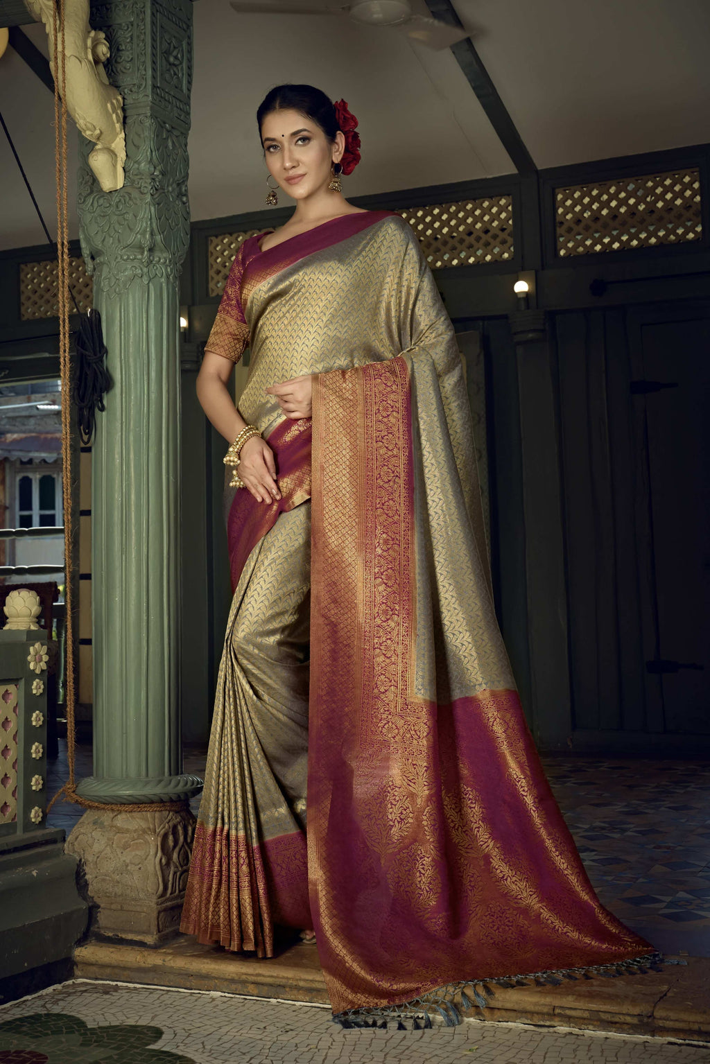 Vardha Royal Grey Golden Zari Kanjeevaram Silk Saree