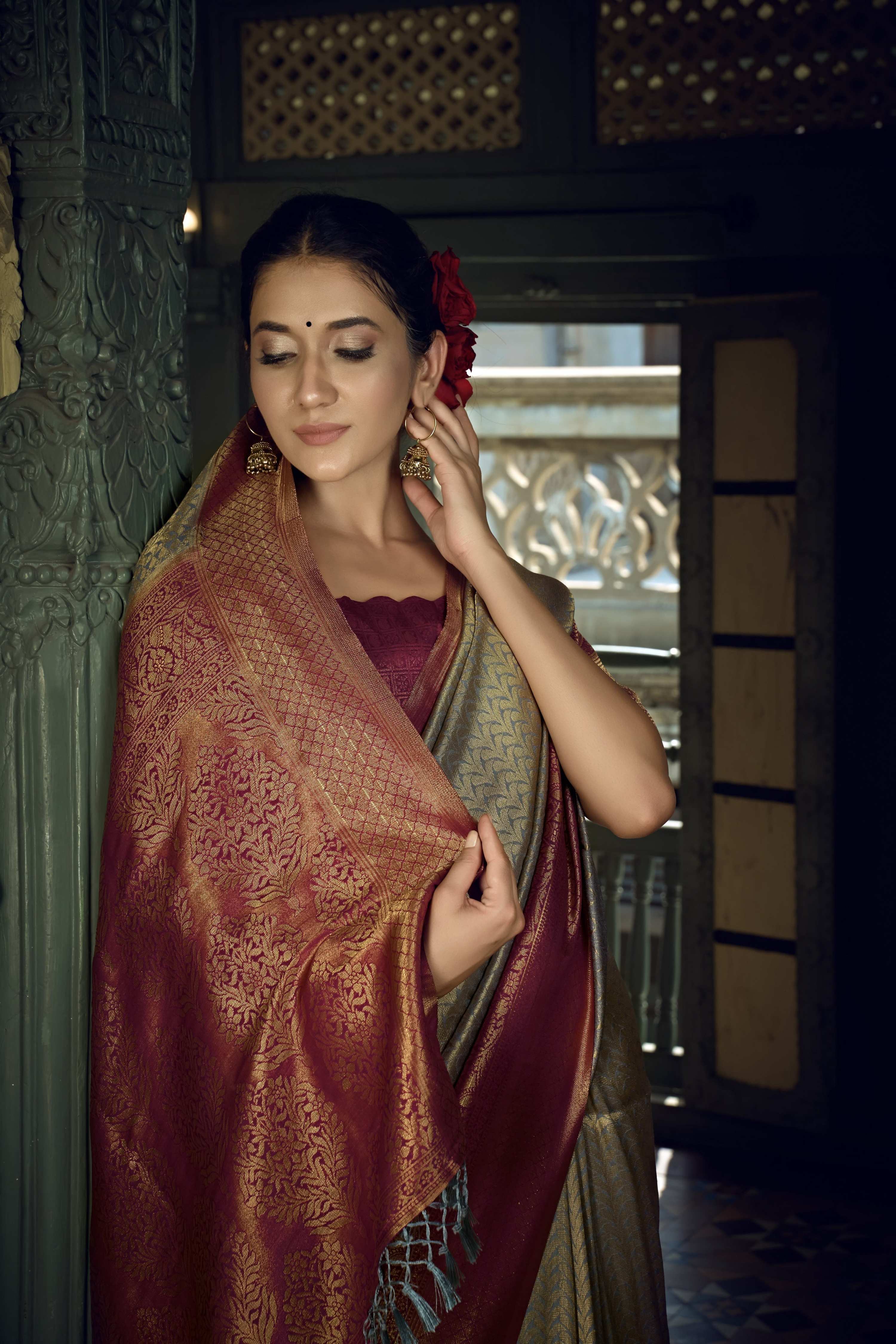 Vardha Royal Grey Golden Zari Kanjeevaram Silk Saree