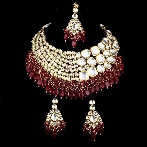Tehzeeb Creations Meenakari Gold-Polished Maroon color Uncut dibbi Kundan Combo Necklace Set