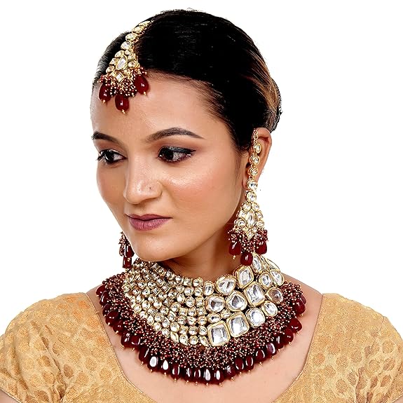 Tehzeeb Creations Meenakari Gold-Polished Maroon color Uncut dibbi Kundan Combo Necklace Set