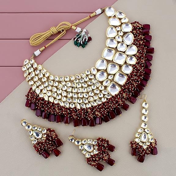 Tehzeeb Creations Meenakari Gold-Polished Maroon color Uncut dibbi Kundan Combo Necklace Set