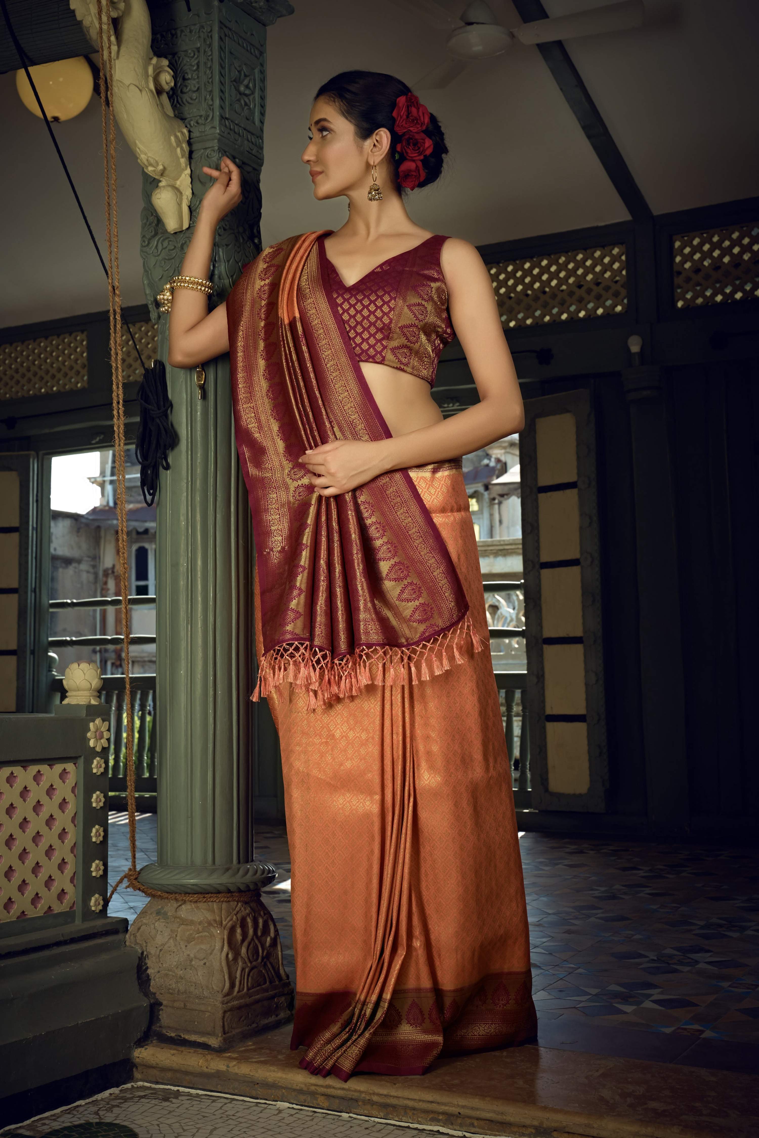 Vardha Peach Yellow Golden Zari Kanjeevaram Silk Saree