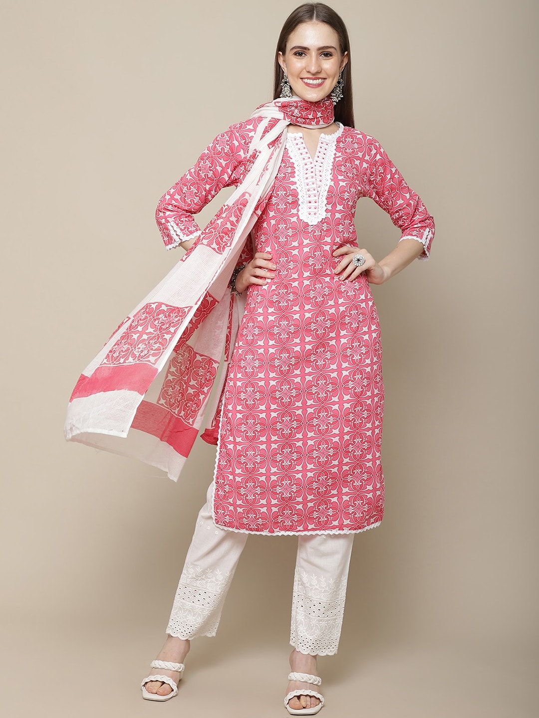 Sangria Women Ethnic Motifs Printed Pure Cotton Kurta with Trousers & With Dupatta