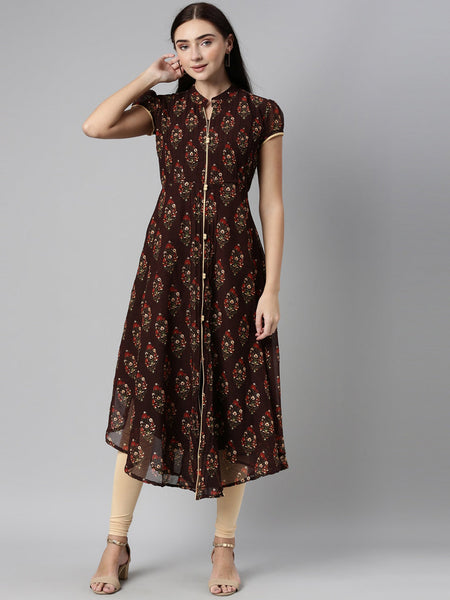 Souchii Women Brown & Red Floral Printed Block Print Kurta
