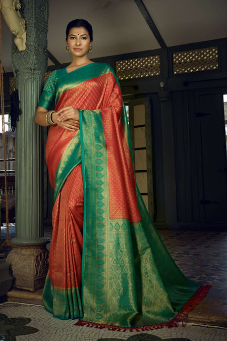 Vardha Crimson Red Golden Zari Kanjeevaram Silk Saree