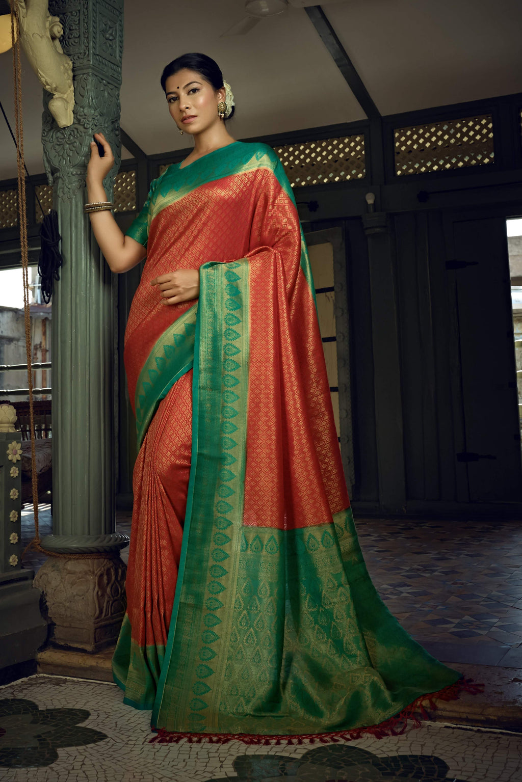 Vardha Crimson Red Golden Zari Kanjeevaram Silk Saree
