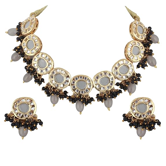 Tehzeeb Creations Meenakari Gold-Polished Earring Combo Uncut Big Faux Kundan Choker Necklace set