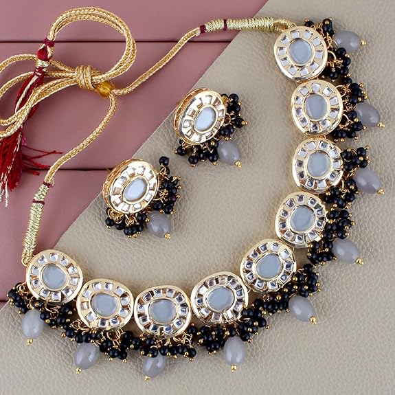 Tehzeeb Creations Meenakari Gold-Polished Earring Combo Uncut Big Faux Kundan Choker Necklace set