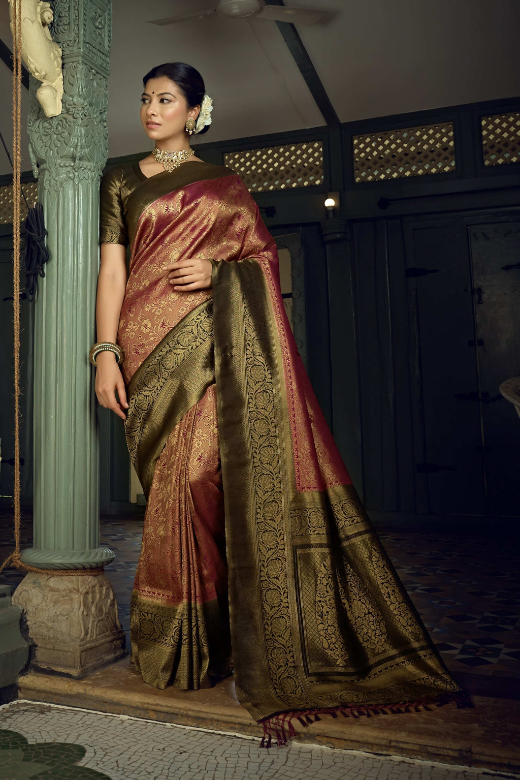 Vardha Wine Golden Zari Kanjeevaram Silk Saree