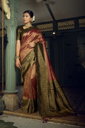 Vardha Wine Golden Zari Kanjeevaram Silk Saree