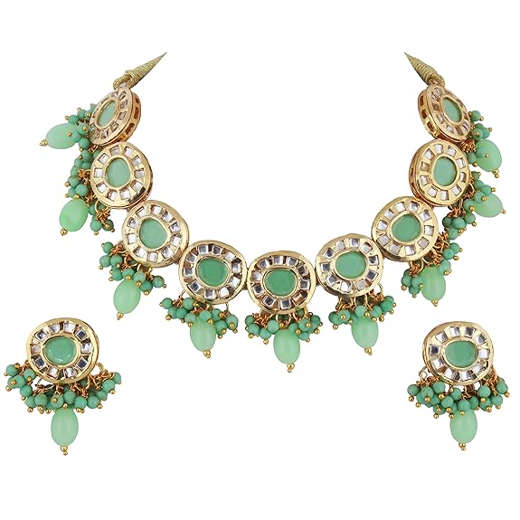 Tehzeeb Creations Meenakari Gold-Polished Earring Combo Uncut Big Faux Kundan Choker Necklace set
