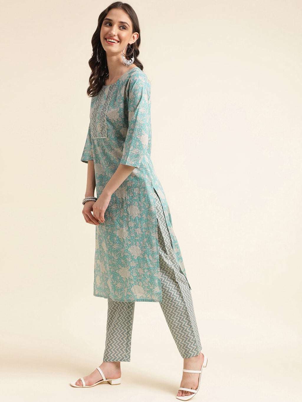 Sangria Green & Cream Floral Printed Pure Cotton Straight Kurta With Trouser