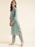 Sangria Green & Cream Floral Printed Pure Cotton Straight Kurta With Trouser