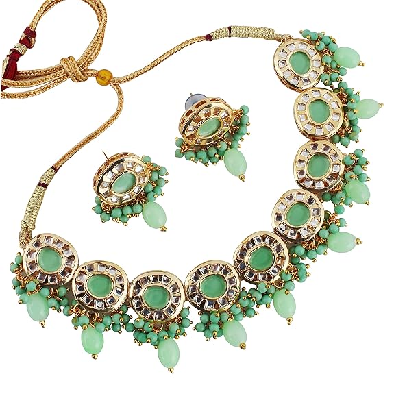 Tehzeeb Creations Meenakari Gold-Polished Earring Combo Uncut Big Faux Kundan Choker Necklace set