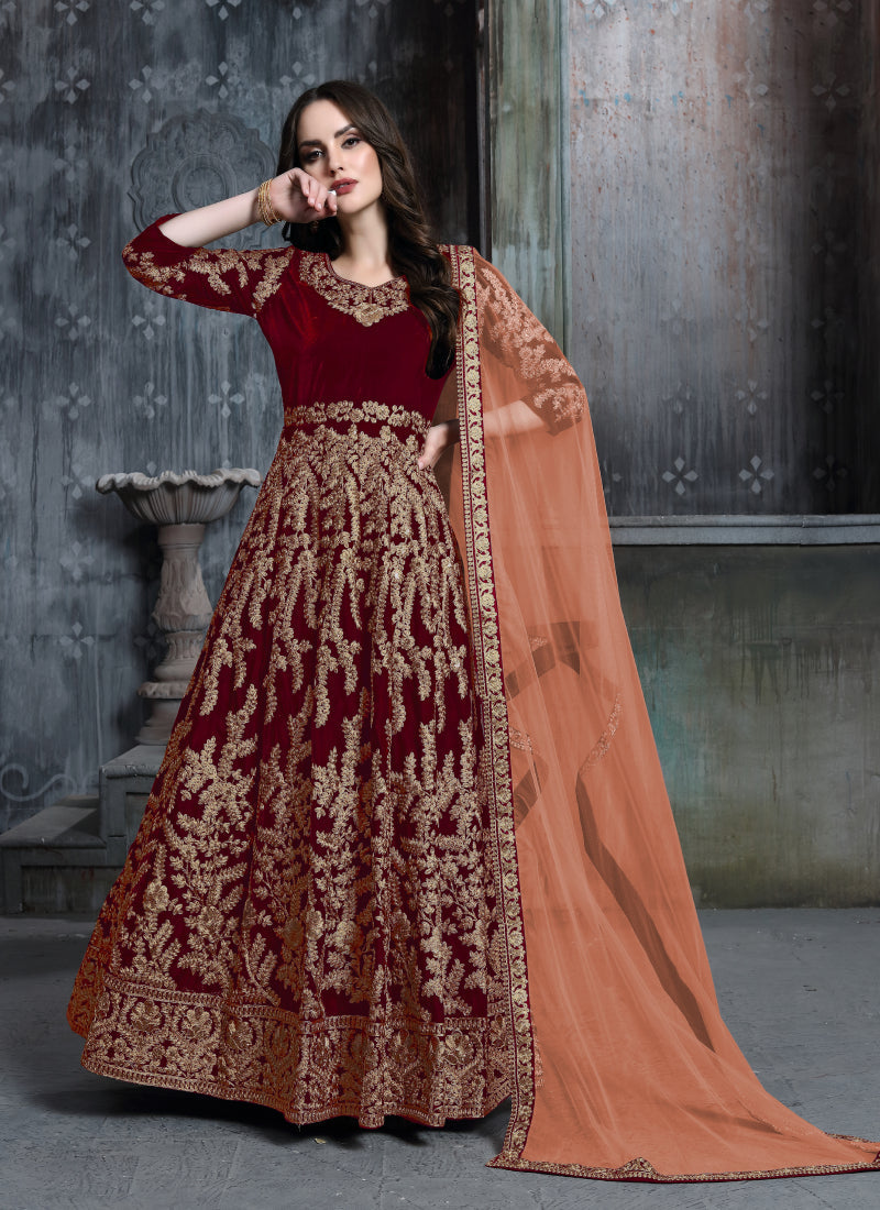 Monjolika Fashion Stunning Maroon Color Velvet Embroidery Patiala Suit - Distacart