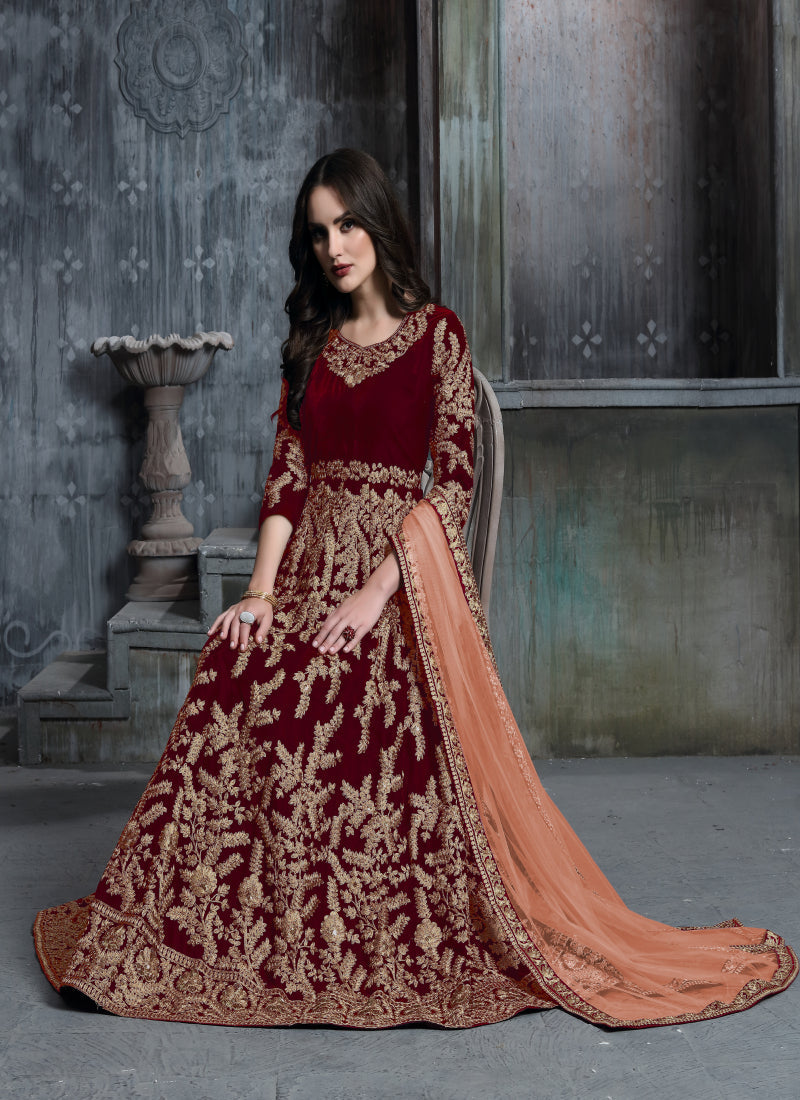 Monjolika Fashion Stunning Maroon Color Velvet Embroidery Patiala Suit - Distacart
