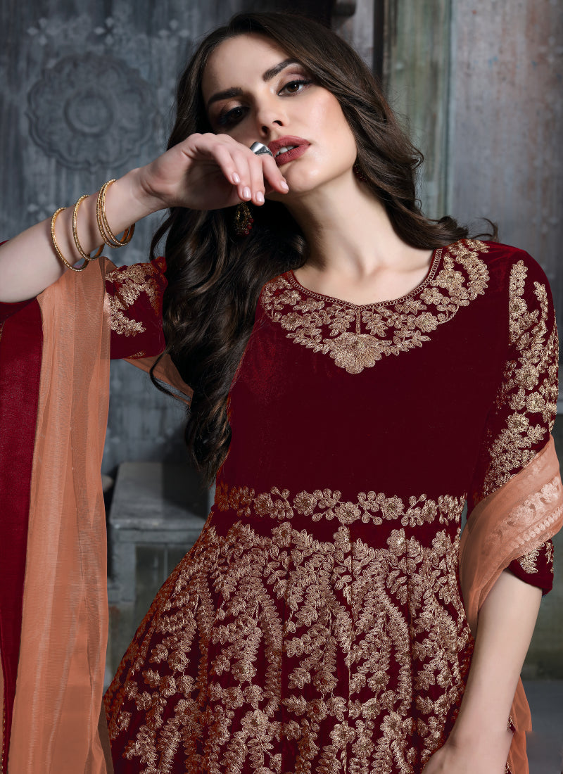 Monjolika Fashion Stunning Maroon Color Velvet Embroidery Patiala Suit - Distacart