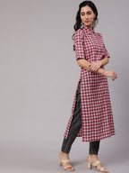 Aks Women Checked Shirt Collar Pure Cotton Kurta With Trousers