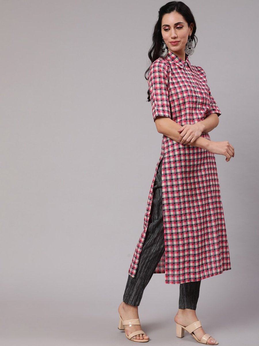 Aks Women Checked Shirt Collar Pure Cotton Kurta With Trousers