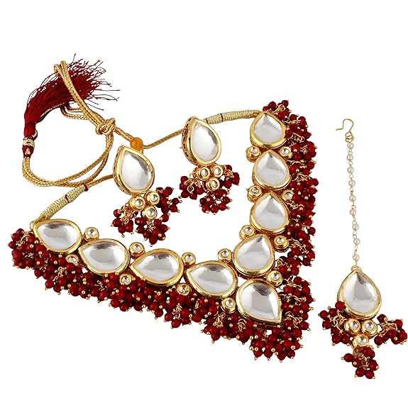 Tehzeeb Creations Back Meenakari Gold-Polished Tika Earring Combo Uncut Big Faux Kundan Choker Necklace set
